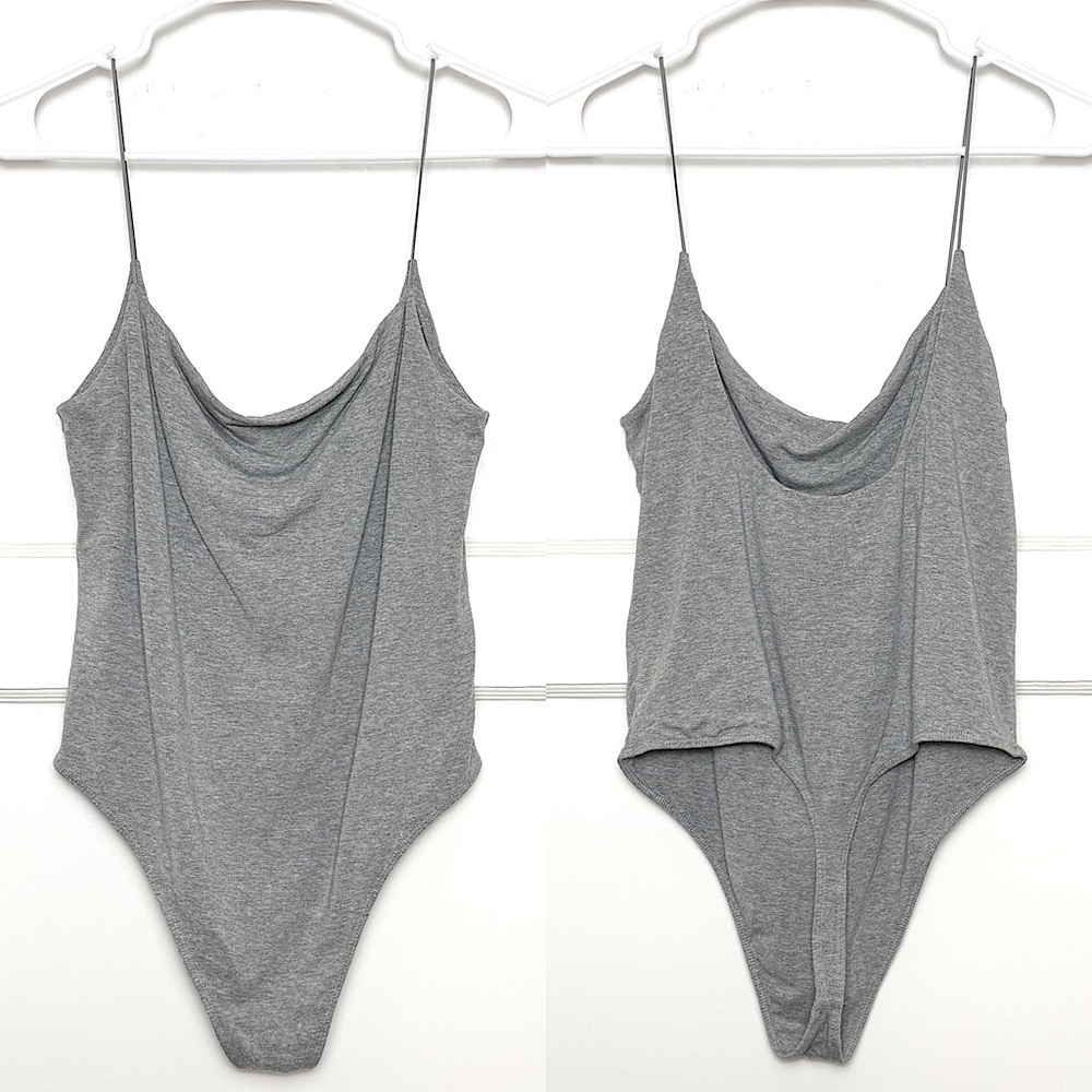 ARITZIA WILFRED 90s Heather Grey Square Neck Sleeveless Cami Thong Bodysuit L‎